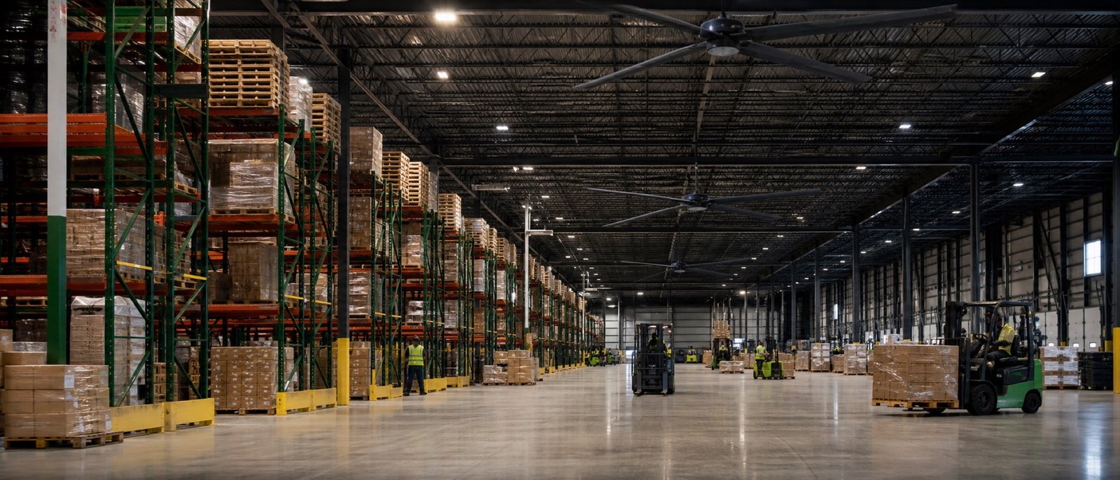 Large logistics center using multiple industrial ceiling fans