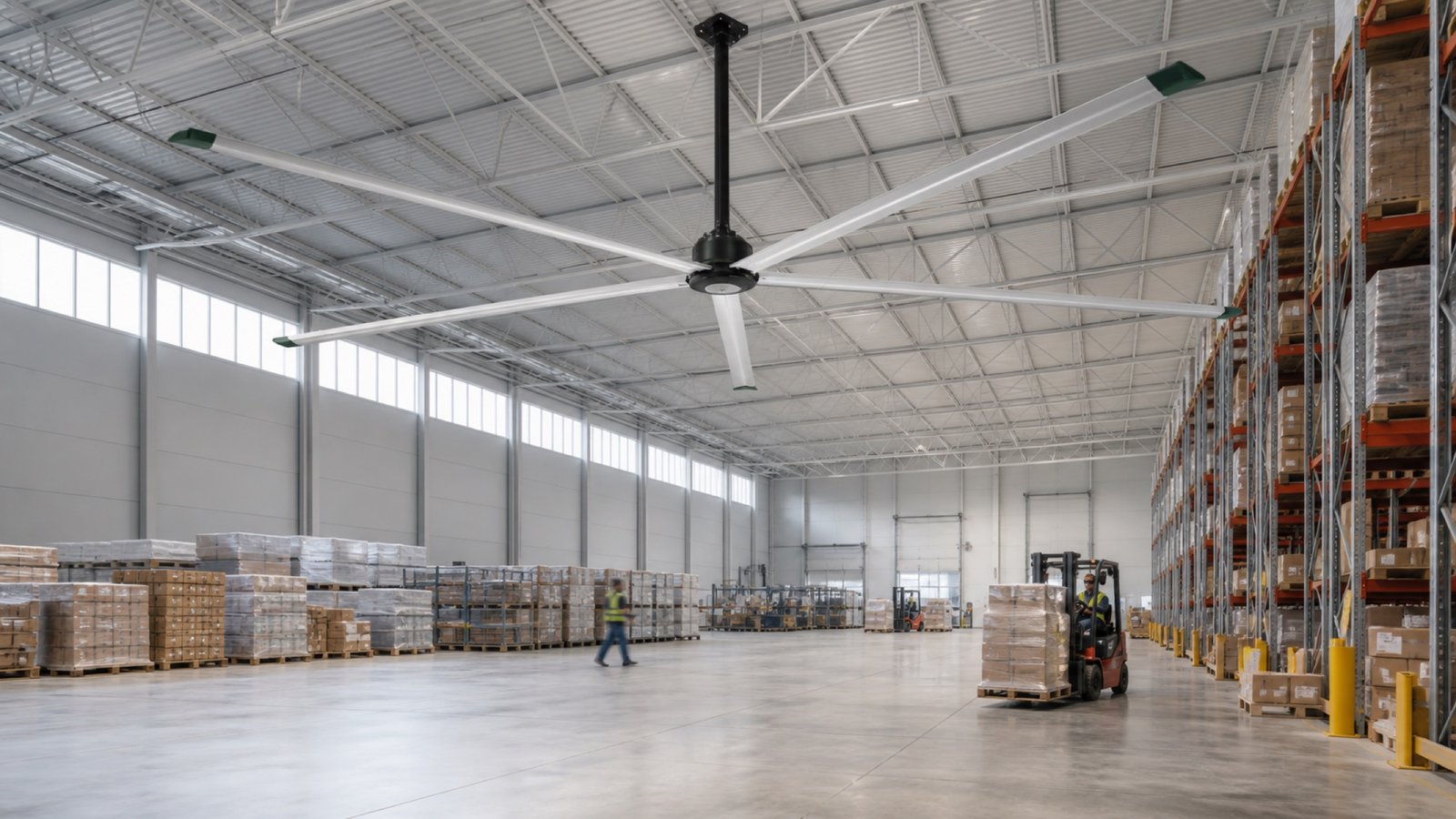 Large industrial ceiling fan installed in a bright warehouse