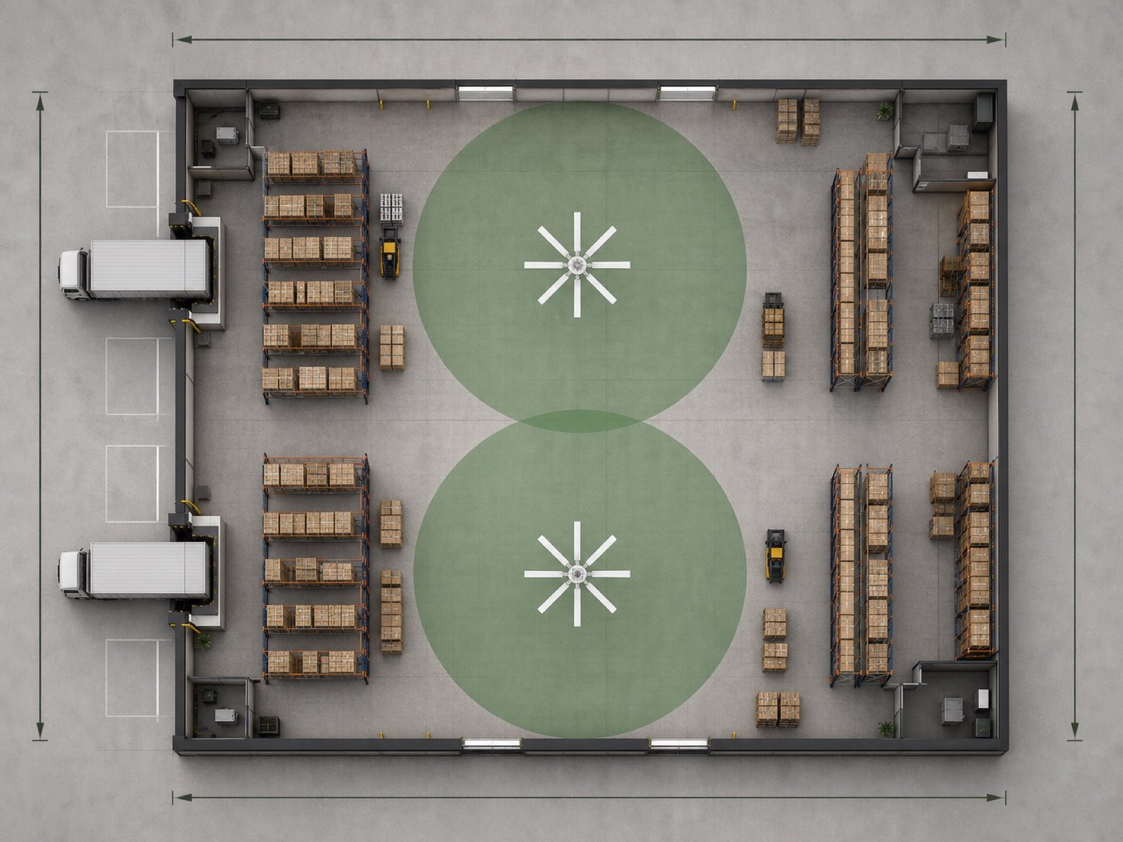 Top-down warehouse planning view showing fan coverage