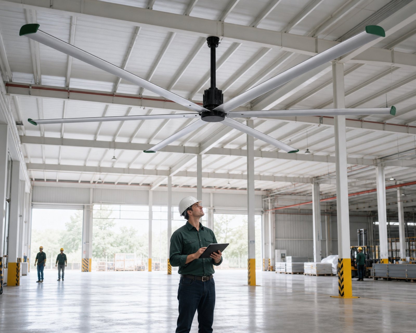 Engineer reviewing an installed industrial ceiling fan